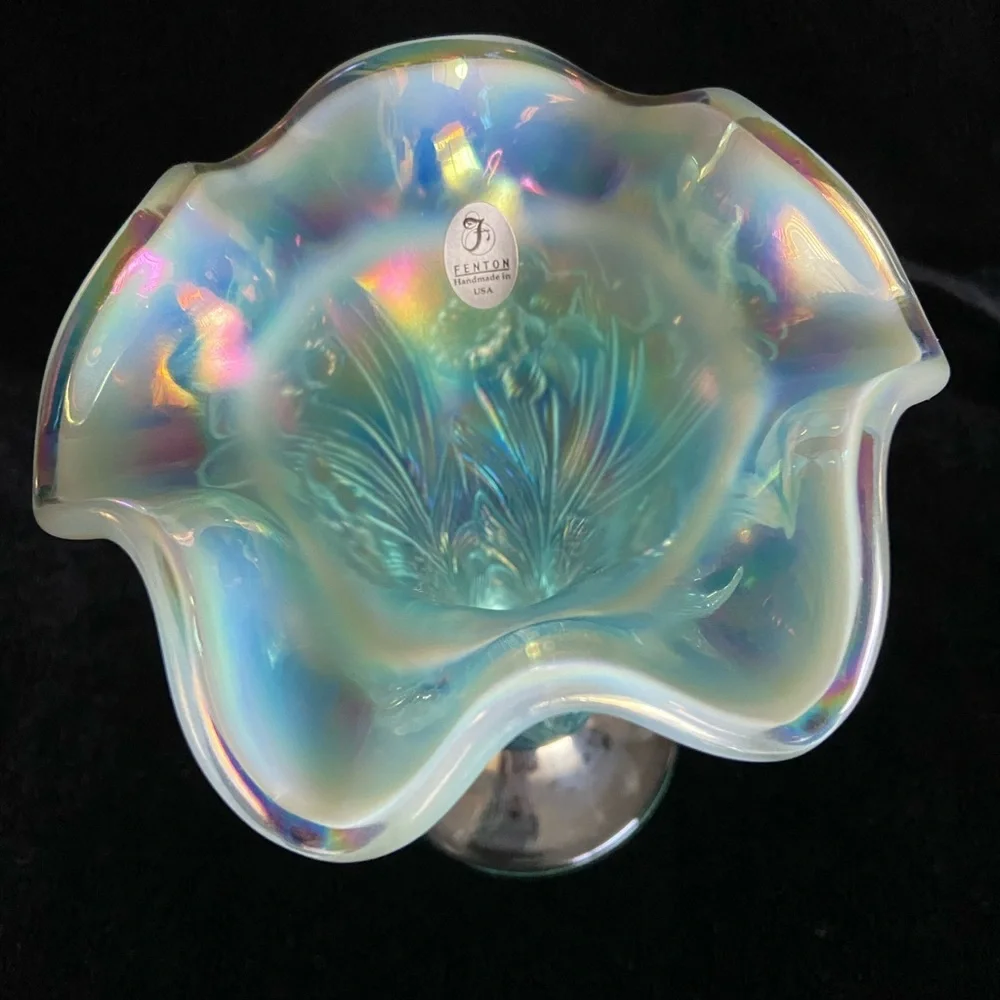 Fenton Carnival Glass Vase Daffodil Iridescent Aqua Blue Opaline w/Sticker